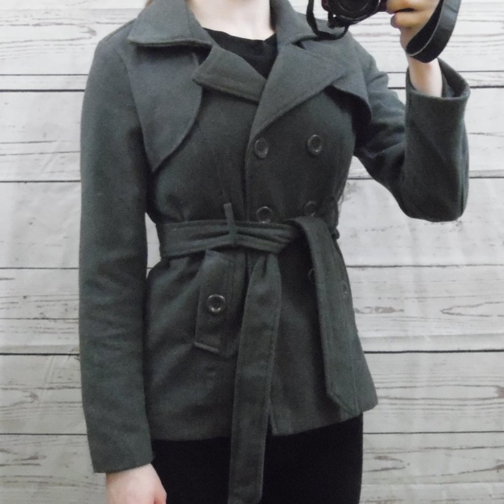 Ambiance Grey Pea Coat Double Breasted Tie Waist